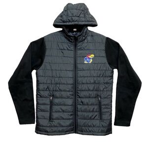 Kansas Jayhawks Puffer Jacket Mens S Black Gray Fleece Arms Hooded Full Zip